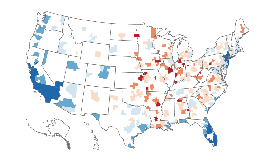 A map of the United States showing model predicted house price responses to mortgage rate changes from 2020 to 2022, a period with high responsiveness. The areas with the most responsiveness include coastal states and sand states.
